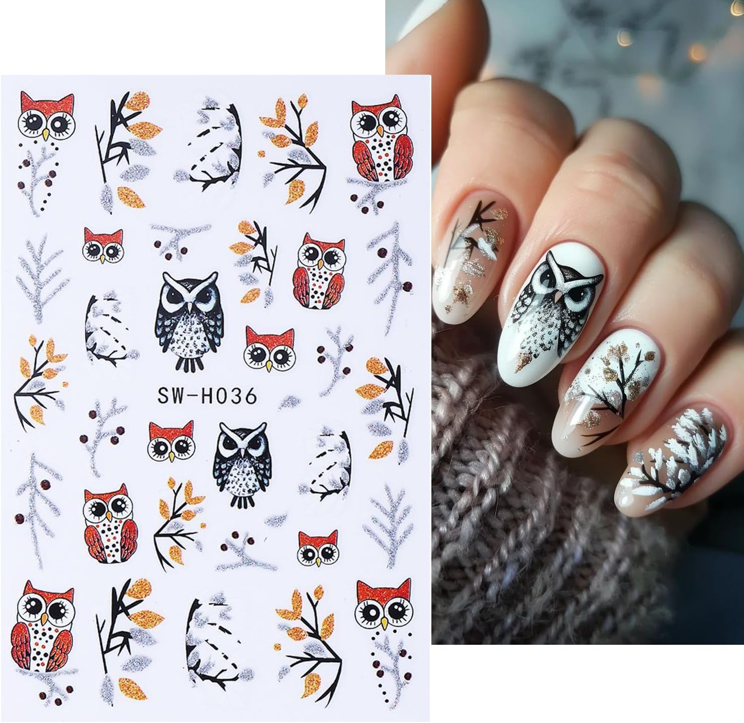 4pcs Christmas Nails Stickers Silver Glitter Leaves Line Owl Nail Art Design 3D Self-Adhesive Nail Decals Xmas Nail Sticker DIY Autumn Winter Manicure Art Supplies Decoration Accessories-Velvo Beauty