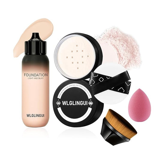 Full Coverage Liquid Foundation Makeup Set,Oil Control Concealer Long Lasting Waterproof Loose Setting Face Powder,Moisturizing BB Cream Set with Soft Makeup Sponge and Foundation Makeup Brush（4PCS）-Velvo Beauty