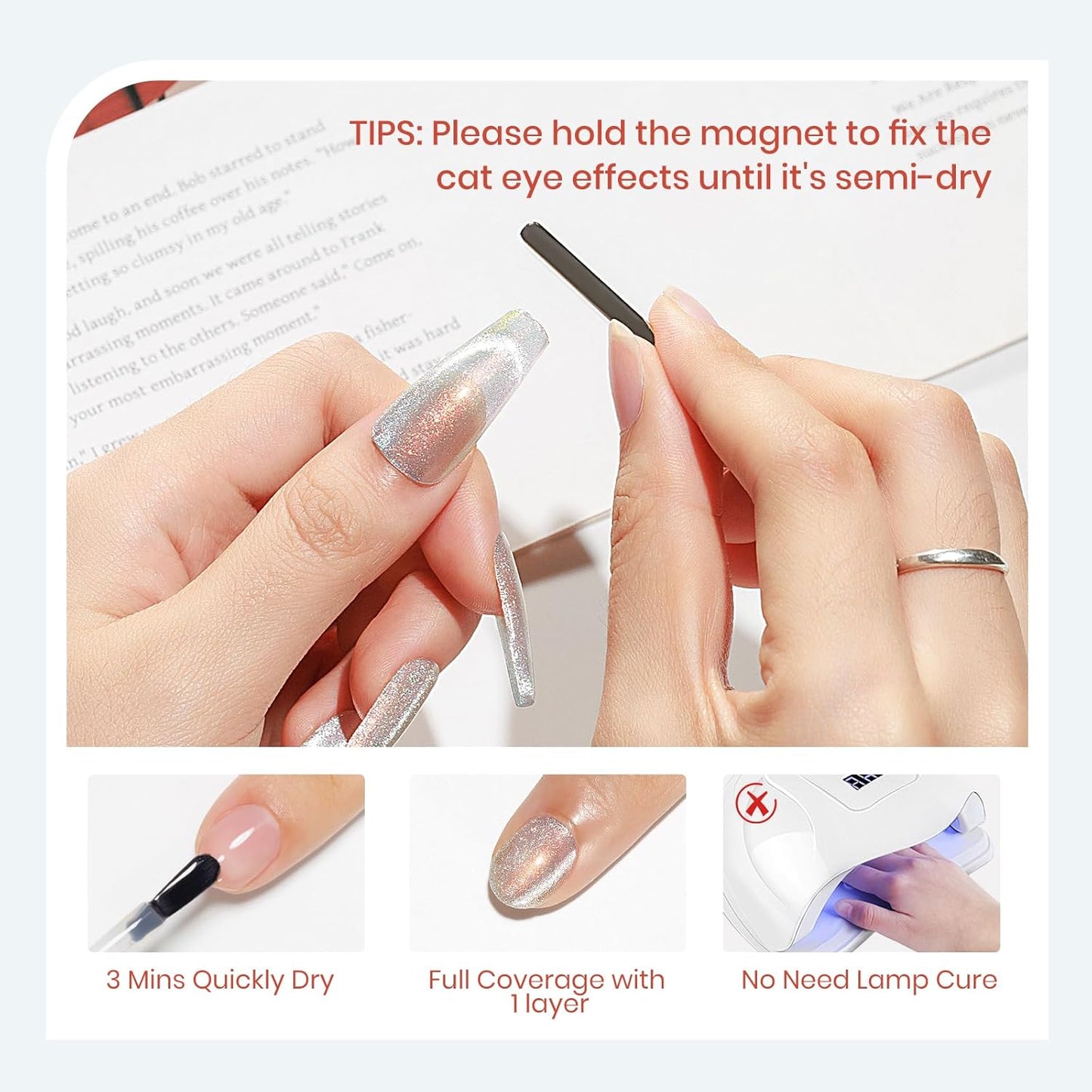 Aurora Silver Magnetic Nail Polish Non Gel with Magnet Quick Dry Cat Eye Nail Polish for Fingernail Air Drying Fast Lacquer Manicure Gift For Women Girls 16ml, 0.54fl oz-Velvo Beauty