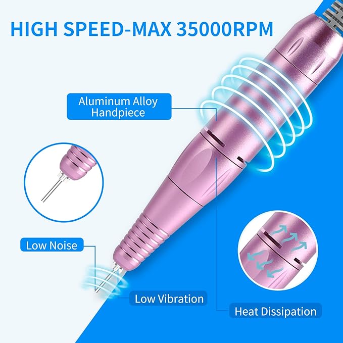 Portable Nail Drill Professional 35000 RPM, MOCOWIND Rechargeable Electric Nail File Machine for Acrylic Nails Gel Polishing Removing, Cordless E-File with Bits for Manicure Salon Home, Blue & Purple-Velvo Beauty
