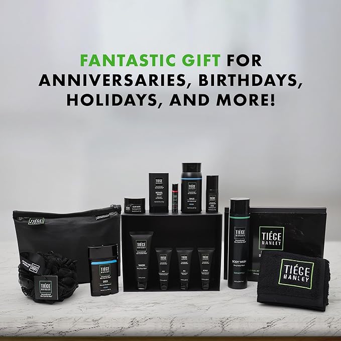 Tiege Hanley Mens Skin Care Gift Box Set, Platinum - Men's Skincare Set Includes Face Wash, AM & PM Moisturizer, Scrub, Eye Cream, Clay Mask, Retinol Stick, Body Wash, Deodorant, Lip Balm-Velvo Beauty