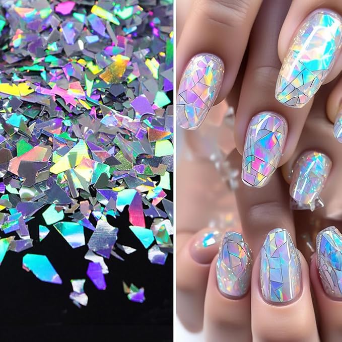 Aurora Laser Silver Glitter for Nails Sparkly Irregular Chunky Glitter Sequin Nail Charms for Nails Design Nail Glitter Flakes Holographic Iridescent Glitter Nail Sequins for Crafts Nail Art Supplies-Velvo Beauty