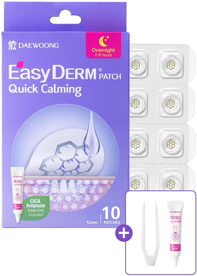 EasyDerm Magnesium Pimple Patches – Hydrocolloid Acne Spot Treatment with Ampoule & Tweezer, 10 Calming Zit Stickers by Daewoong, 이지덤, 대웅제약-Velvo Beauty