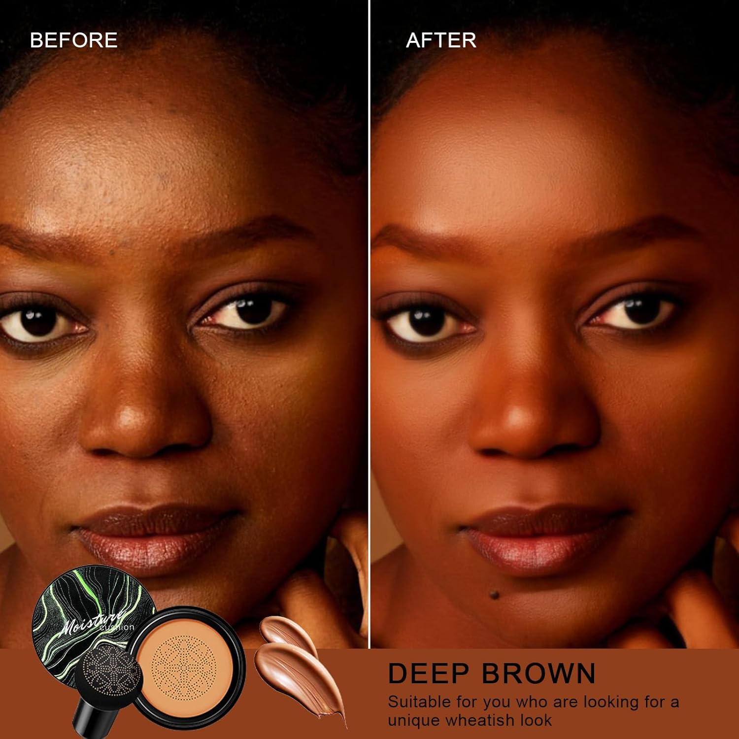 Mushroom Head Air Cushion CC Cream - BB Cream Face Makeup for Mature Skin, Moisturizing Cover Balm Foundation & Long-Lasting Color Correcting Concealer, Even Skin Tone for All Skin Types (Deep Brown)-Velvo Beauty