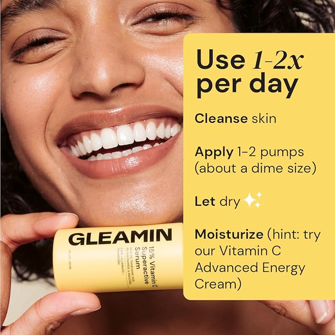 Gleamin Superactive Vitamin C Serum for Face with 15% Vitamin C, Niacinamide, Bakuchiol & Hyaluronic Acid – Skin Brightening Facial Serum for Women & Men – Dark Spot Remover & Radiant Glow – 1 fl oz-Velvo Beauty