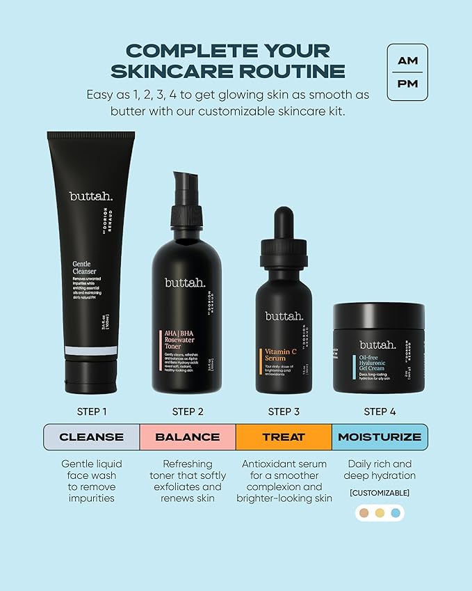 Buttah Skin Supreme Kit for Melanin Rich Skin | Oil-Free Hyaluronic Gel Cream 2 oz | Vitamin C Serum 1 oz | Cleanser 3.4 oz | Rosewater Toner 3.4 oz | Black Owned Skincare-Velvo Beauty