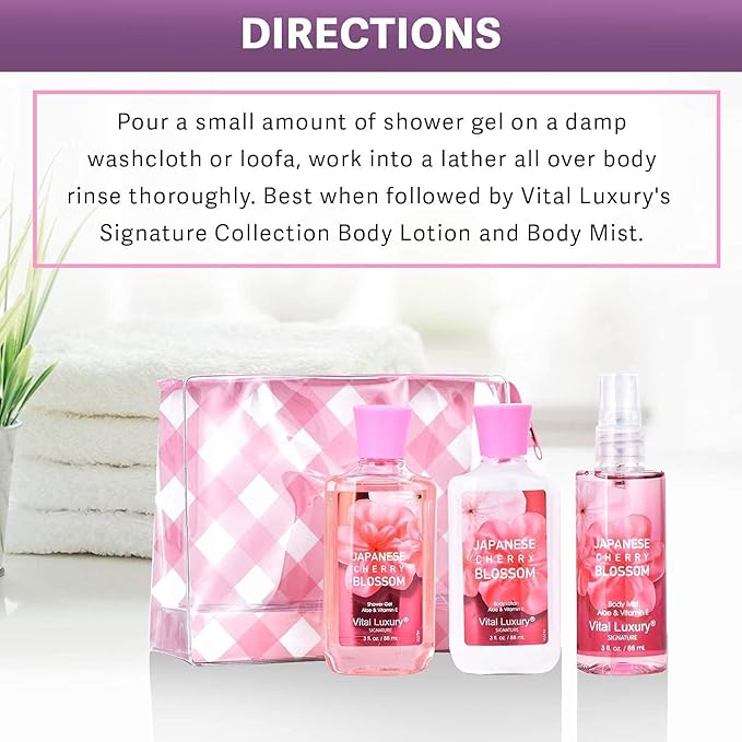 Bath & Body Kit Japanese Cherry Blossom, 3 Fl Oz, Ideal Skincare Gift, Home Spa Set, Includes Body Lotion, Shower Gel and Fragrance Mist, Perfect for Christmas Gifts and Festive Pampering-Velvo Beauty