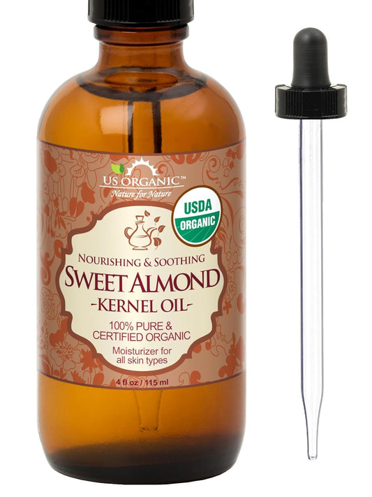 US Organic Sweet Almond Kernel Oil, USDA Certified Organic,100% Pure & Natural, Cold Pressed Virgin, Unrefined in Amber Glass Bottle w/Eyedropper, Sourced from Poland (4 oz (115 ml))-Velvo Beauty
