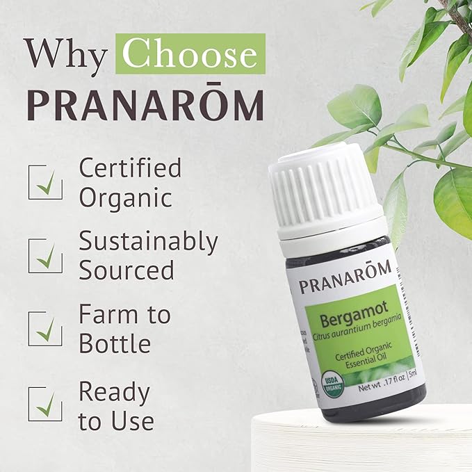 Pranarom USDA Certified Organic Bergamot Essential Oil (5ml), 100% Pure Undiluted Therapeutic Grade from Italy for Aromatherapy, Diffuser, Uplifting Scent, Immune Support, Relaxation, Sleep-Velvo Beauty
