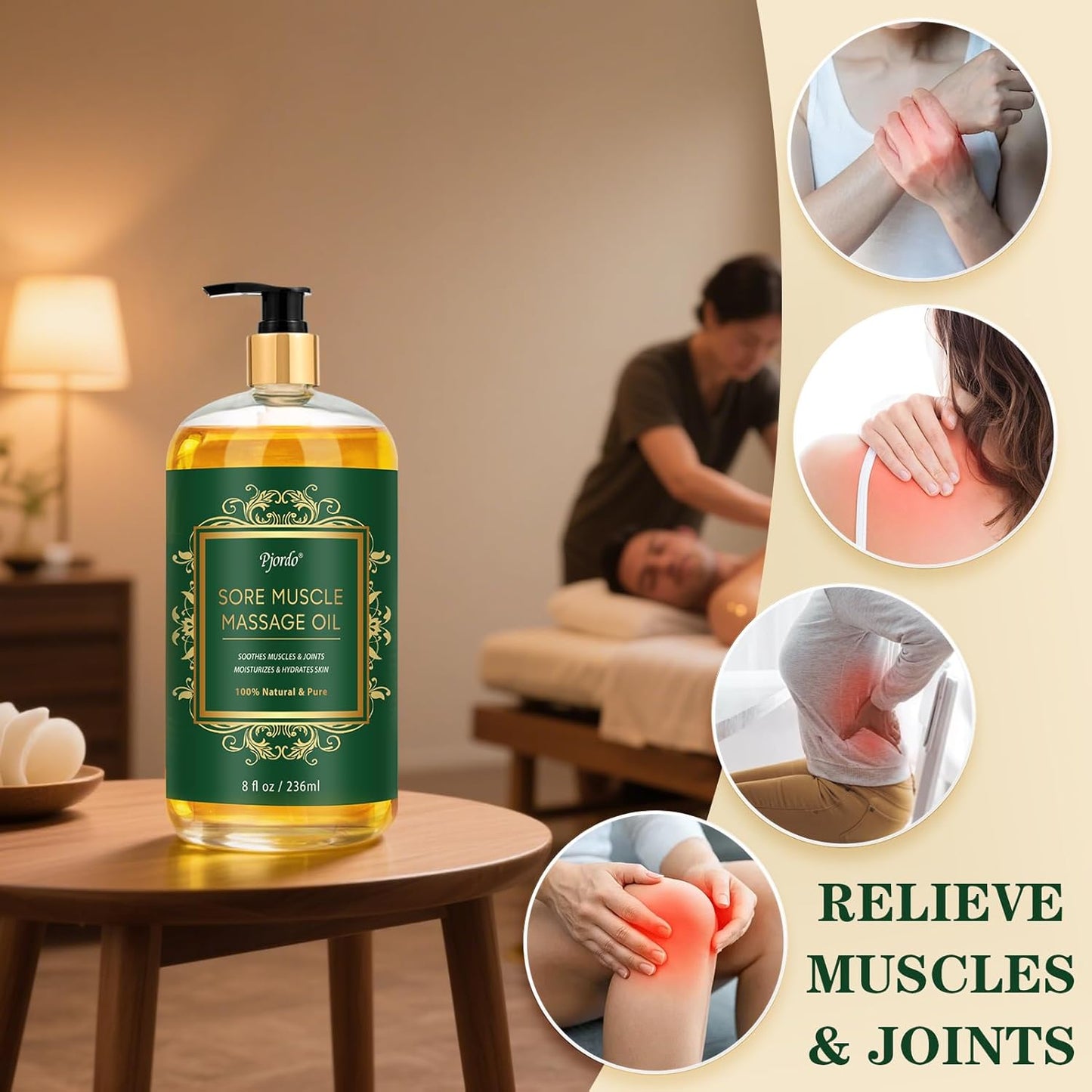 Sore Muscle Massage Oil for Massage Therapy, 8 FL OZ Natural Body Massage Oil with Lavender Oil, Arnica & Chamomile Extract, Soothes Muscle and Joint for Professional & Home Use-Velvo Beauty
