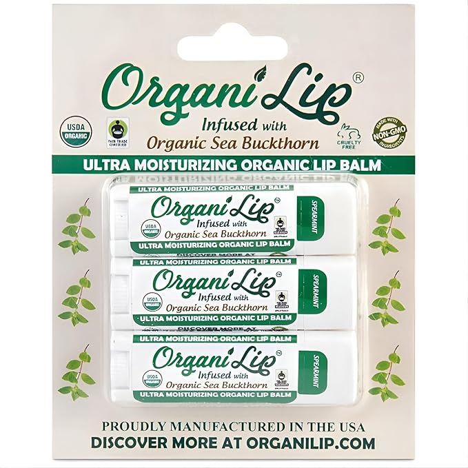 Organic Lip Balm, Spearmint Flavor, Ultra Hydrating Lip Moisturizer for Dry Lips, Oval Shaped Tube, USDA Certified Organic, 3 Pack - OrganiLip-Velvo Beauty
