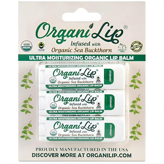 Organic Lip Balm, Spearmint Flavor, Ultra Hydrating Lip Moisturizer for Dry Lips, Oval Shaped Tube, USDA Certified Organic, 3 Pack - OrganiLip-Velvo Beauty