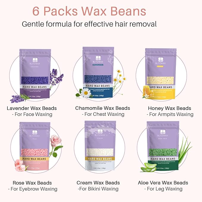 BLITZWAX Brazilian and Bikini Waxing Kit for Women, Hard Wax Warmer for Face, Legs, and Body, At Home Hair Removal Kit, Beginner Friendly, Quick Heating, 6 Packs Wax Beads-Velvo Beauty