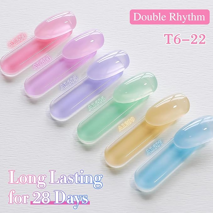 Double Rhythm 6 Pcs 15 ML Gel Polish Set Same Color Same Bottle Soak Off Gel Polish Kit Nail Art Manicure Salon DIY at Home for Women (Jelly Pink Purple Green Yellow Blue-T6-22)-Velvo Beauty