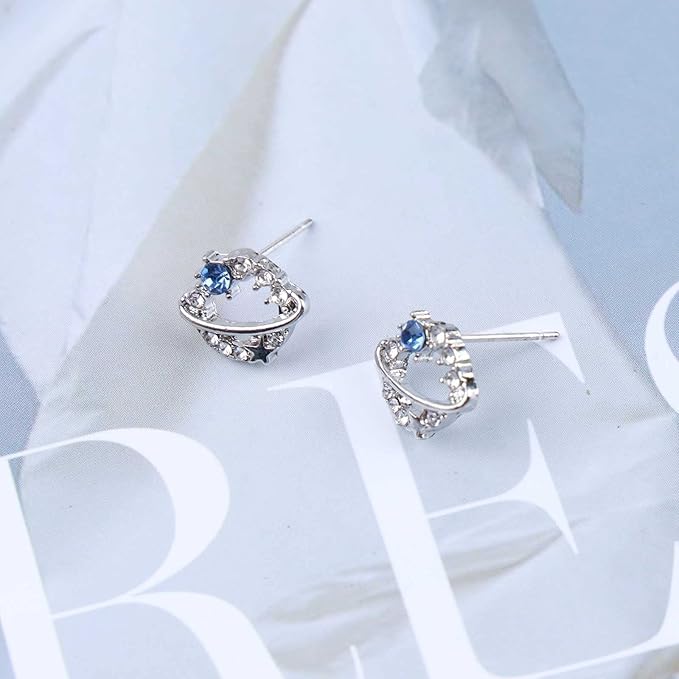 Boho Crystal Saturn Earrings Cz Orb Planet Earrings Silver Rhinestone Circle Earrings Tiny Sapphire Stud Earrings Jewelry for Women and Girls-Velvo Beauty