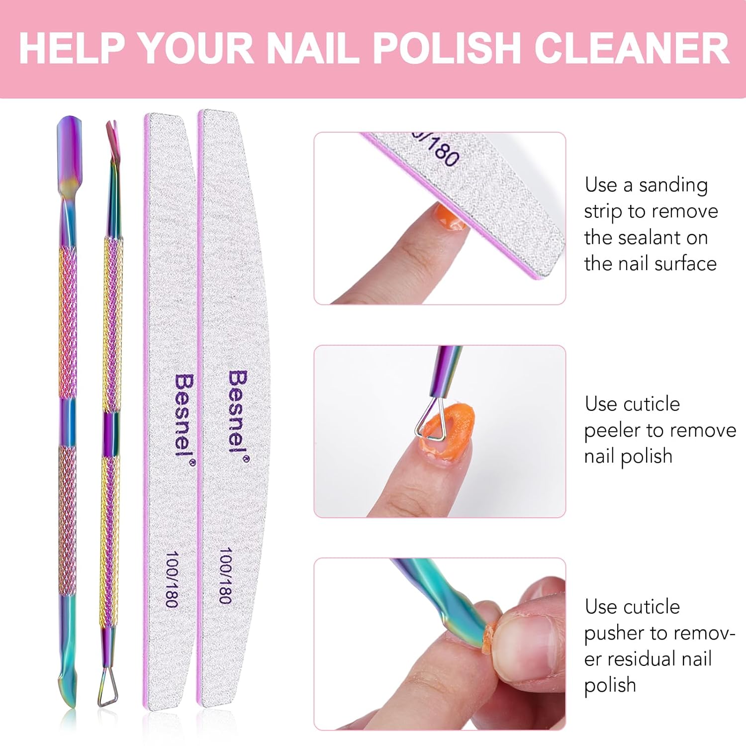 Gel Nail Polish Remover 10 Pack Professional Gel Polish Remover Non-Irritating Quick Easy, Nail Polish Gel Remover Tools Kit Nail File Cuticle Pusher File Grit, No Need For Foil Soaking Or Wrapping-Velvo Beauty