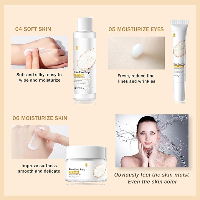 Skincare Gifts for Teenage Girls - Rice Raw Pulp Skin Care Sets & Kits - 6PCS Pamper Gifts for Women with Facial Cleanser-Toner-Eye Cream-Essence-Emulsion-Cream - Gift Set for Firming Hydrating Skin-Velvo Beauty