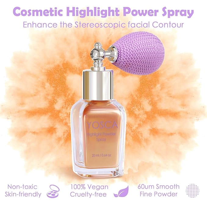 Yosca Highlighter Powder Spray, 20ML Cosmetic Grade Shimmer Powder Glitter Spray Sparkle Highlighter Makeup Festival Concert Accessorise for Rave Clothes Hair Face Nail Art - Bronze Enamel-Velvo Beauty