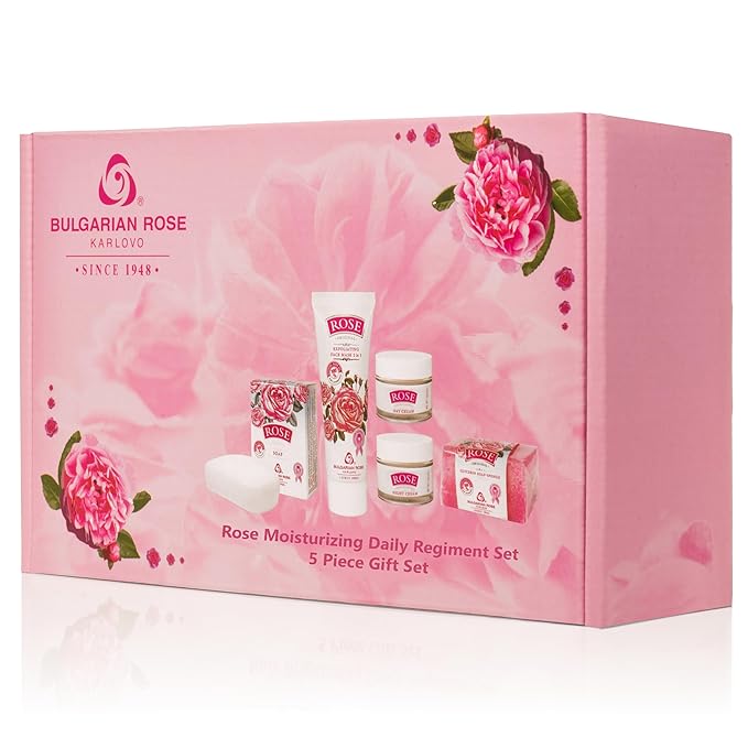 Bulgarian Rose Moisturizing Daily Regimen 5 Piece Gift Set - Rose Day Cream, Rose Night Cream, Exfoliating Face Mask, Rose Soap, Rose Soap Sponge-Velvo Beauty