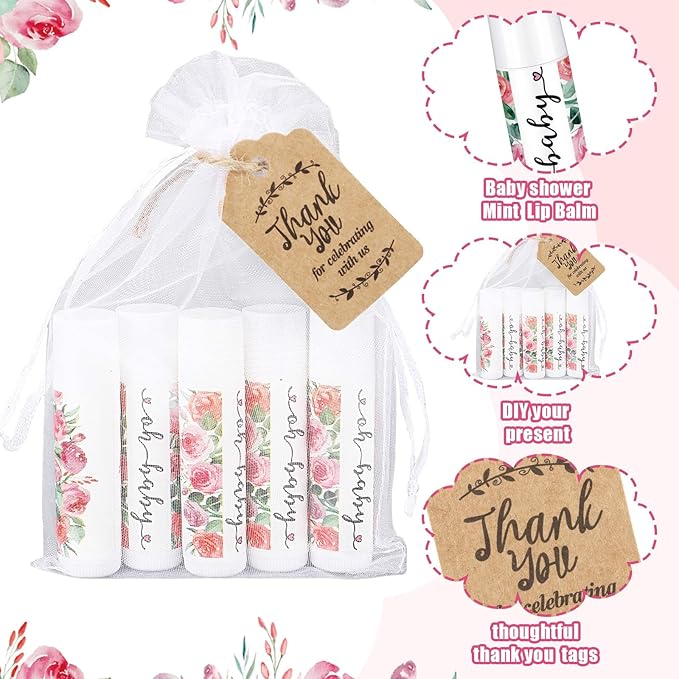 Demissle 50 Pcs Baby Shower Lip Balm Gift Set with 100 Pcs Organza Bags Baby Shower Party Favor for Guest Thank You Tag Rope Baby Shower Party Decoration Gender Reveal Souvenirs(Watercolor Flower)-Velvo Beauty