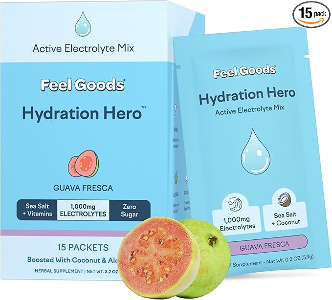 Feel Goods Hydration Hero, 1,000mg Electrolytes Powder, Sugar Free, Magnesium, Organic Coconut Water, L Theanine, Vitamin C & B12, Non GMO, Keto, Vegan, Electrolyte Packets | Guava Fresca, 15 Count-Velvo Beauty