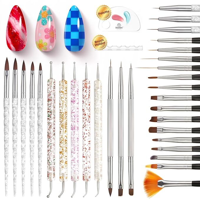Beetles 31pcs Nail Art Brushes, Dotting Tools, Nail Art Pens, Dust Brush, Striping Liner Fingernail Drawing Pens with Palette Holder All in One for Starter Manicure Design Set-Velvo Beauty