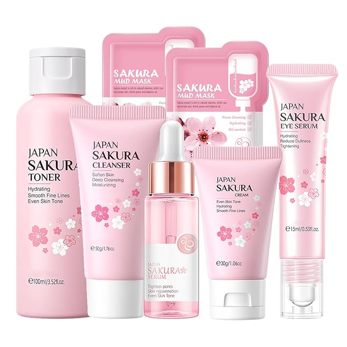 Skin Care Set Sakura Women Beauty Gift Sets Korean Skin Care Kit with Cleanser, Face Serum, Face Cream,Toner,Eye Cream,2Pcs Mud Mask - Skin Care Routine Kit for Women (SetC)-Velvo Beauty