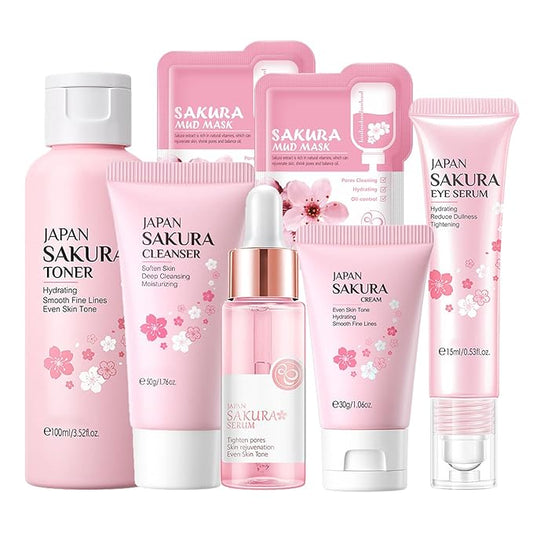 Skin Care Set Sakura Women Beauty Gift Sets Korean Skin Care Kit with Cleanser, Face Serum, Face Cream,Toner,Eye Cream,2Pcs Mud Mask - Skin Care Routine Kit for Women (SetC)-Velvo Beauty