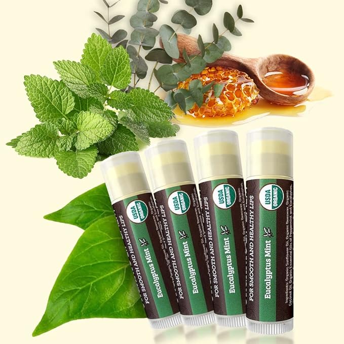USDA Organic Lip Balm 4-Pack by Earth's Daughter - Eucalyptus Mint Flavor, Beeswax, Coconut Oil, Vitamin E - Best Lip Repair Chapstick for Dry Cracked Lips.-Velvo Beauty