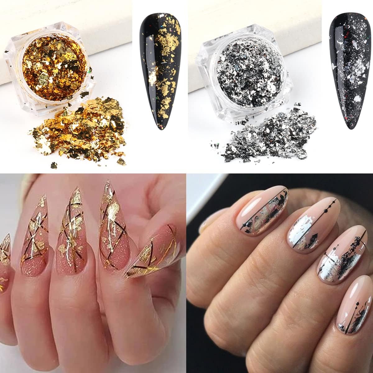 Holographic Nail Foil Glitter Flakes 3D Sparkly Aluminum Foil Flake Gold Silver Nail Glitter Foil Flakes Nail Art Supplies Mirror Powder Sequins Nail Glitter for Acrylic Nails Design (4Boxes)-Velvo Beauty