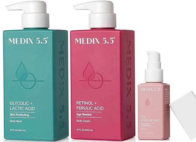 Medix 5.5 Anti Aging Skin Care 3PC Set | Retinol Body Cream + Exfoliating AHA Glycolic Acid Foaming Face Wash & Body Wash + Hyaluronic Acid Serum Booster, Cleanse + Treat + Hydrate Skincare Set, 3PC-Velvo Beauty