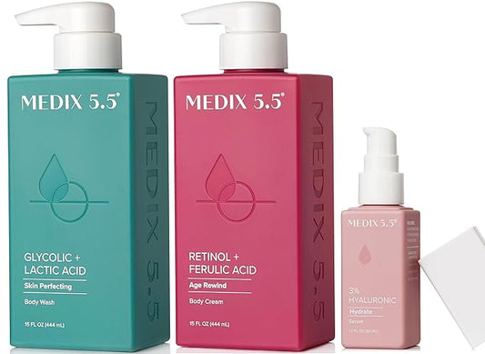 Medix 5.5 Anti Aging Skin Care 3PC Set | Retinol Body Cream + Exfoliating AHA Glycolic Acid Foaming Face Wash & Body Wash + Hyaluronic Acid Serum Booster, Cleanse + Treat + Hydrate Skincare Set, 3PC-Velvo Beauty
