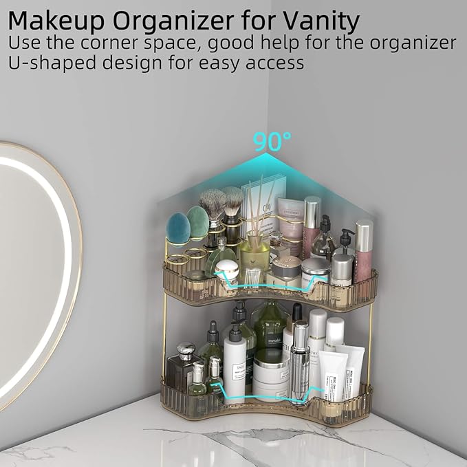 Corner Bathroom Counter Organizer with Top Toothbrush Holders, 2-Tier Make Up Organizers for Vanity with Brush Holder, Corner Storage for Bathroom, Kitchen, Dresser-Velvo Beauty