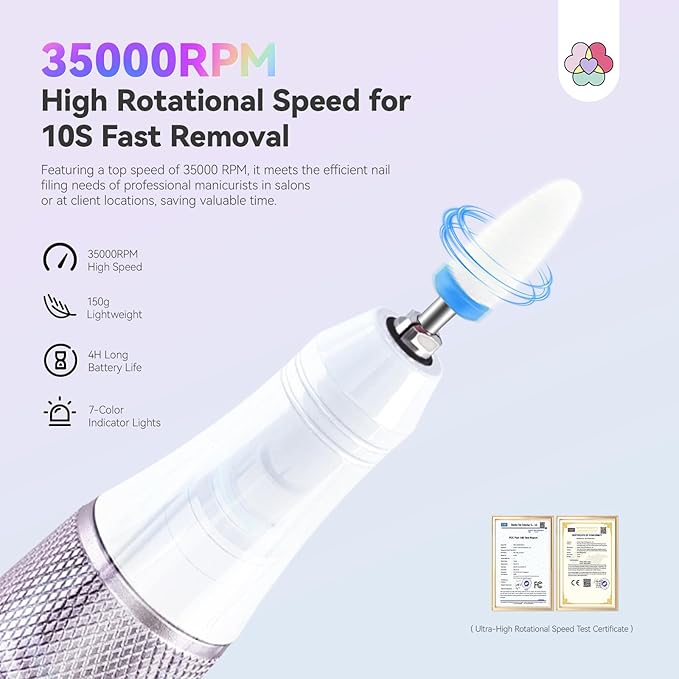 SAVILAND Advanced Cordless Electric Nail Drill: 10S Fast Removal 35000 RPM High Speed Nail File Kit for Acrylic Nail Tool Professional Rainbow Light LED Display Pro Manicure Kit Salon Travel Nail Tech-Velvo Beauty