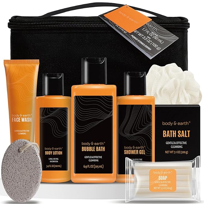 Body & Earth Gift Baskets for Men Bath Set Citrus Scented Bath and Body Gift Set with Body Lotion, Face Wash, Shower Gel, Bubble Bath, Loofah, Birthday Fathers Day Gifts-Velvo Beauty