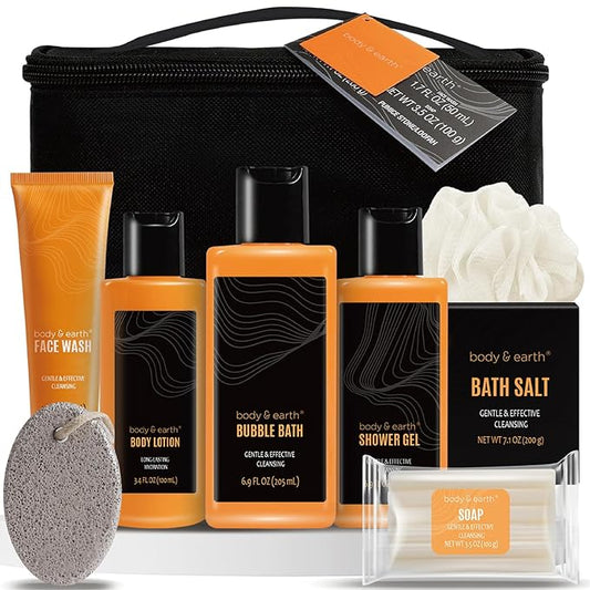 Body & Earth Gift Baskets for Men Bath Set Citrus Scented Bath and Body Gift Set with Body Lotion, Face Wash, Shower Gel, Bubble Bath, Loofah, Birthday Fathers Day Gifts-Velvo Beauty