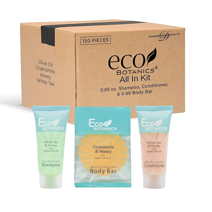 Eco Botanics Hotel Soaps and Toiletries Bulk Set | 1-Shoppe All-In-Kit Amenities for Hotels & Airbnb | 0.85 oz Hotel Shampoo & Conditioner, 0.89 oz Bar Soap Travel Size | 150 Pieces-Velvo Beauty