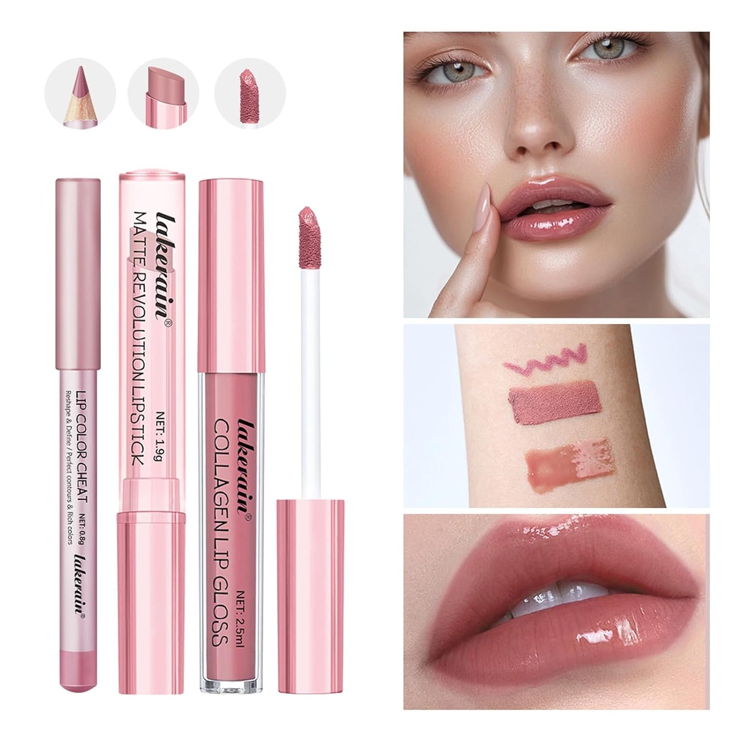 3PCS Lip Liner and Lipstick Combo Set - Matte Lip Liner Pencil, Velvet Matte Lipstick & Hydrating Collagen Lip Gloss - Long-Lasting, Smudge-Proof, High Pigment Nude Pink Lip Makeup Kit (Set 1, 3)-Velvo Beauty