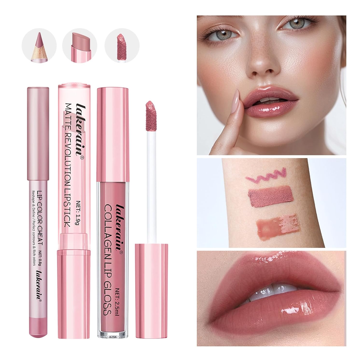 3PCS Lip Liner and Lipstick Combo Set - Matte Lip Liner Pencil, Velvet Matte Lipstick & Hydrating Collagen Lip Gloss - Long-Lasting, Smudge-Proof, High Pigment Nude Pink Lip Makeup Kit (Set 1, 3)-Velvo Beauty