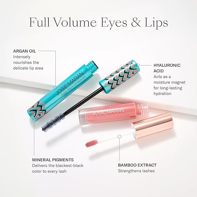 Josie Maran Eye Love Lip Gloss & Mascara Makeup Kit - Plumping Lip Gloss Infused with Argan Oil, Hyaluronic Acid and Sheer, Radiant Color + Argan Black Oil Lengthening Mascara (2 Piece Set)-Velvo Beauty