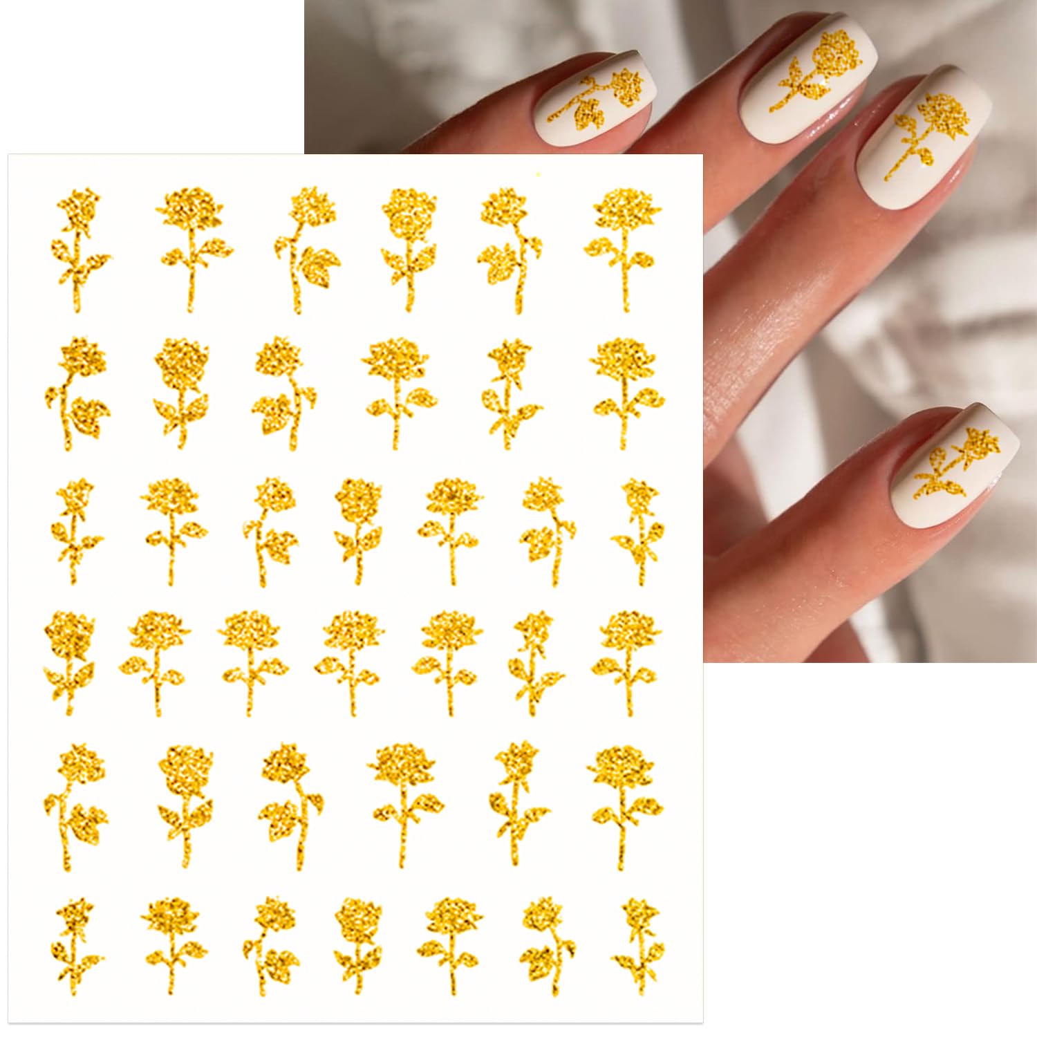 SILPECWEE 8 Sheets Gold Glitter Nail Art Stickers Decals for Women Kids French Nail Stickers French Tip Stripe Flame Flower Butterfly for Nails Design 3D Self-Adhesive Manicure Decoration-Velvo Beauty