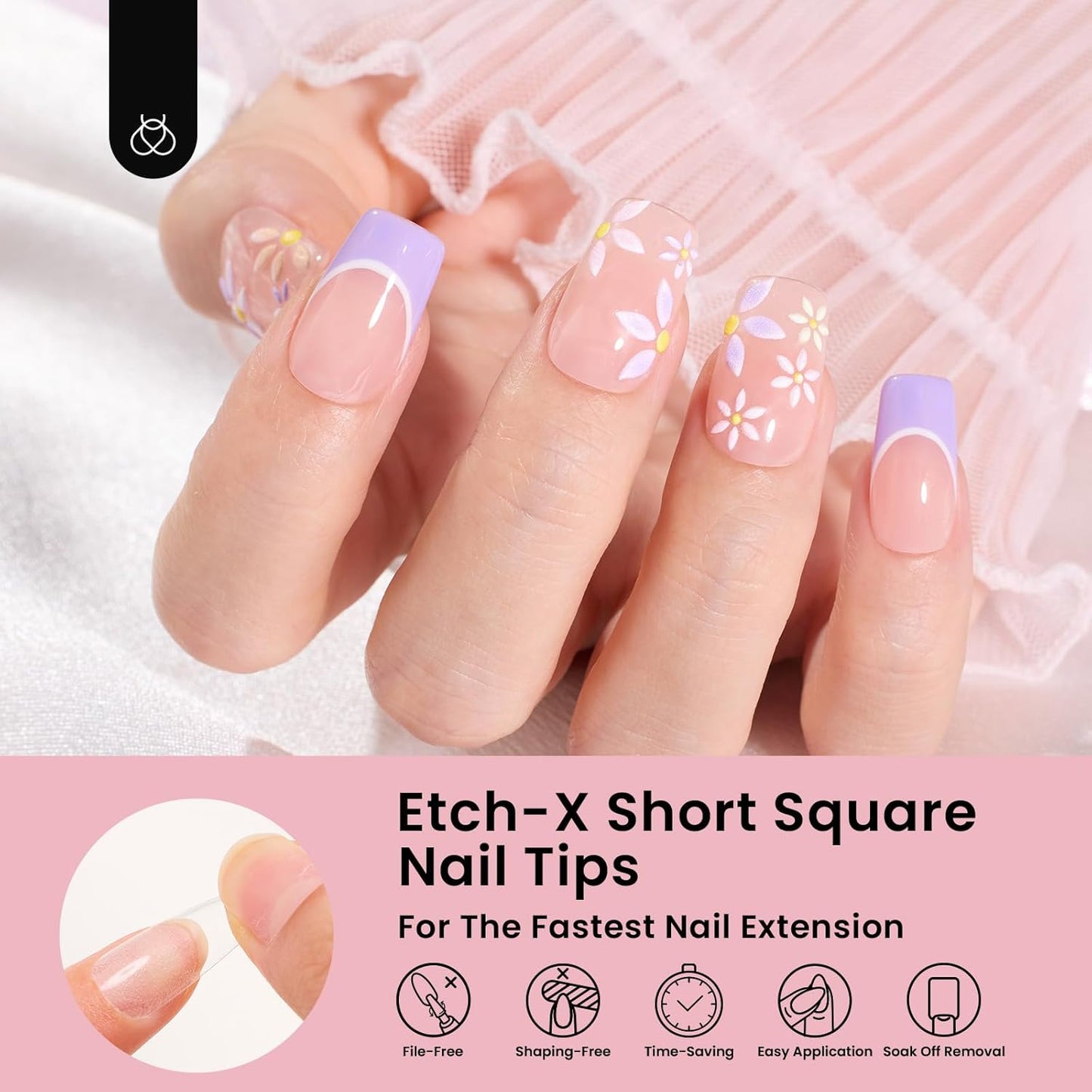 Beetles Gel Nail Tips Etch-X, Square Short, 576Pcs 12 Sizes, Pre-Shaped Half Matte Full Cover Soft Acrylic Fall False Nail Tips Easy DIY Press On Nail Extension Manicure Salon Gift for Women-Velvo Beauty
