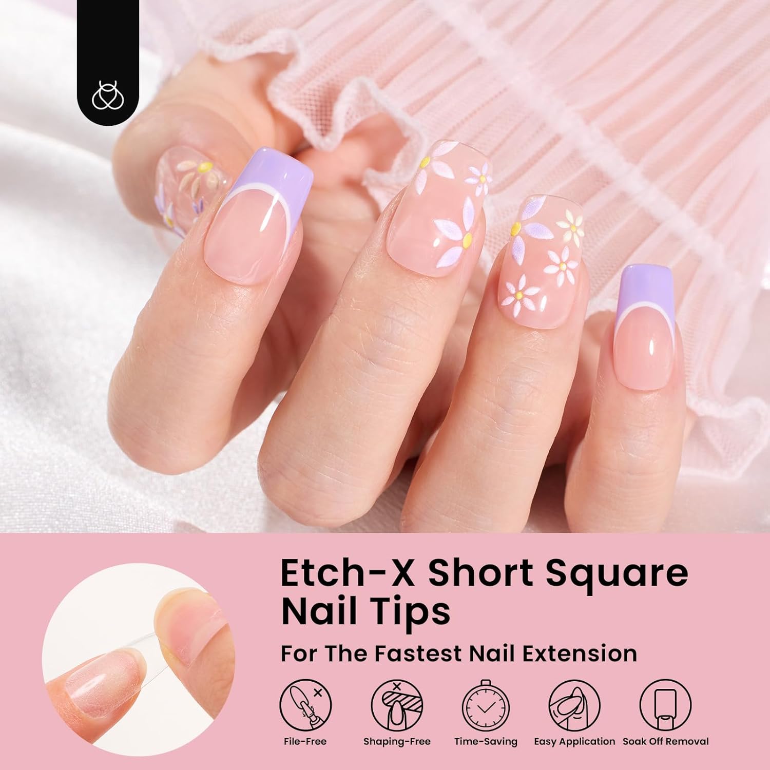 Beetles Gel Nail Tips Etch-X, Square Short, 576Pcs 12 Sizes, Pre-Shaped Half Matte Full Cover Soft Acrylic Fall False Nail Tips Easy DIY Press On Nail Extension Manicure Salon Gift for Women-Velvo Beauty