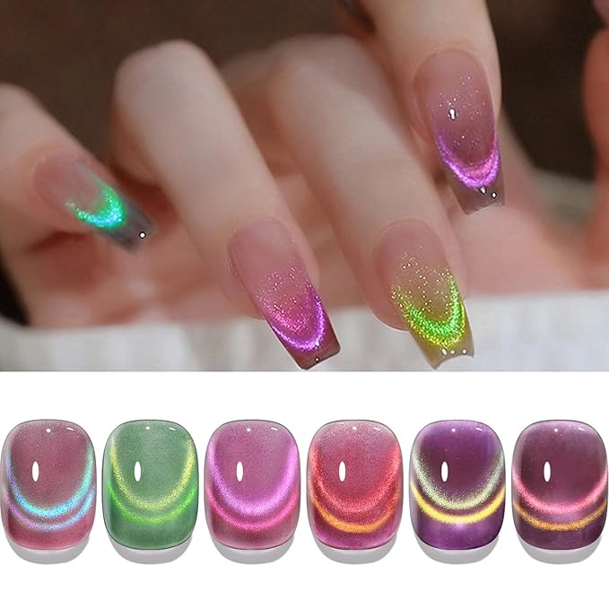 Born Pretty Cat Magnetic Eye Gel Nail Polish Rainbow Aurora Cat Magnetic Gel Polish Pink Green Blue Yellow Glitter Holographic Cat Magnetic Eye Gel Manicure Nail Art DIY, Firefly Aurora Series 6PCS-Velvo Beauty