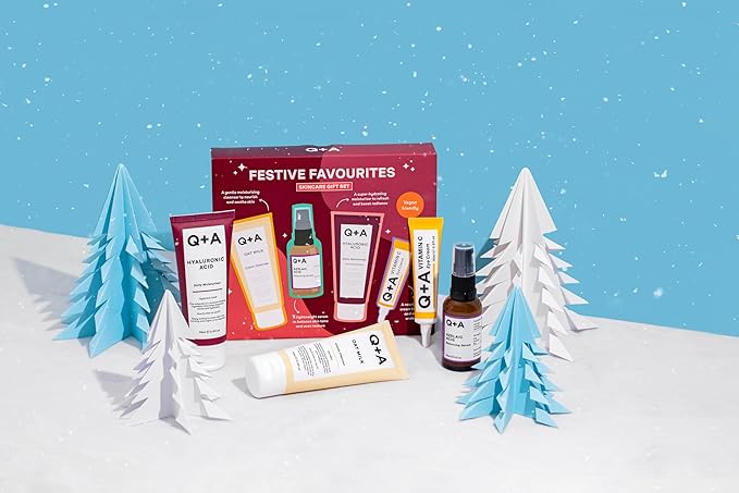 Q+A Festive Favourites Gift Set, containing a Hyaluronic Acid Moisturiser (75ml), an Oat Milk Cream Cleanser (75ml), an Azelaic Acid Serum (30ml), and a Caffeine Eye Serum (15ml)-Velvo Beauty