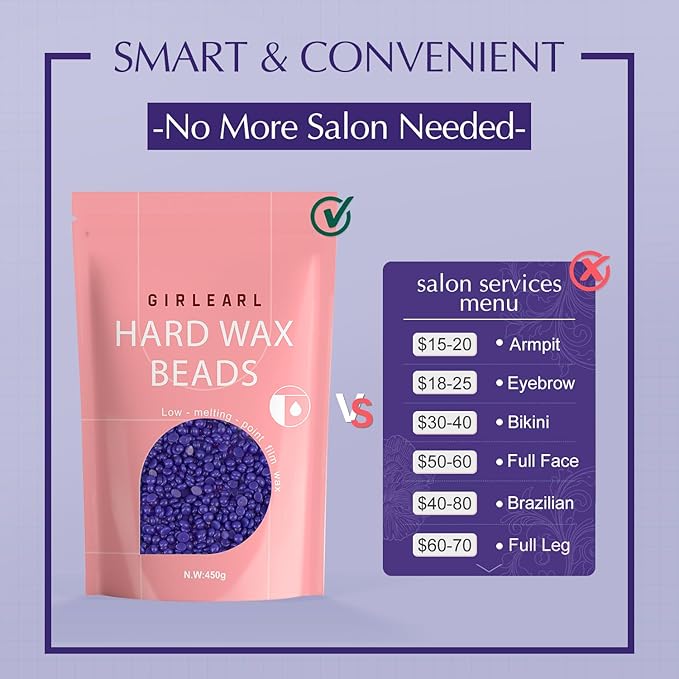 Hard Wax Beads, Wax for Women Sensitive Skin, 1lb, Lavender Formula, Hair Removal for Legs, Brazilian Bikini, Eyebrow, Facial and Full Body-Velvo Beauty