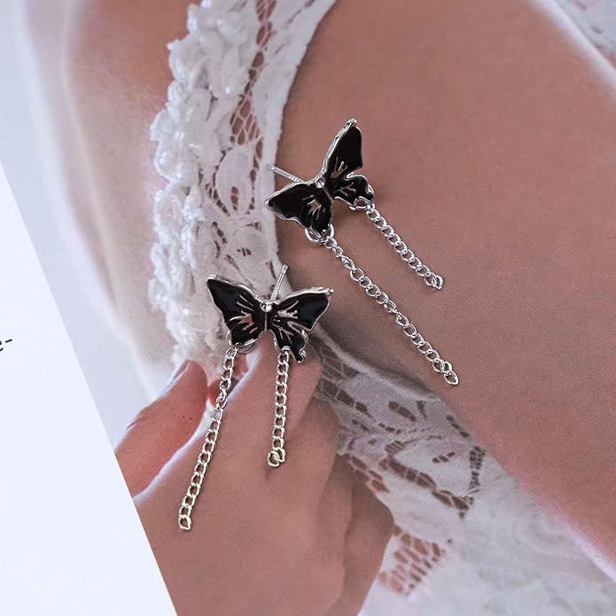 Vintage Butterfly Stud Earrings Silver Chain Tassel Dangle Earrings Black Butterfly Earrings Layer Chain Drop Earrings Jewelry for Women-Velvo Beauty