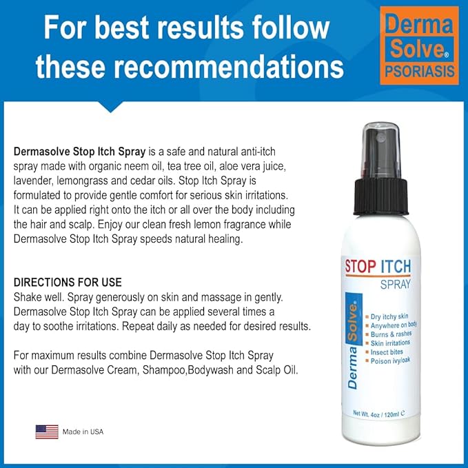 Dermasolve Stop Itch Spray with 100% Organic Neem Oil, Scalp and Body Psoriasis Relief, Dry Skin, Bites, Sunburn, Burns and Rashes-Velvo Beauty