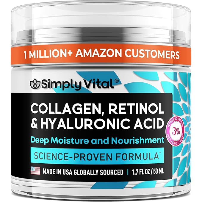 SimplyVital Collagen, Retinol & Hyaluronic Acid Cream - Anti-Aging Face Moisturizer for Face, Firming Skin Care Neck & Décolleté - Made in USA, Daily Moisturizer Face Cream Day & Night - 1.7 fl.oz.-Velvo Beauty