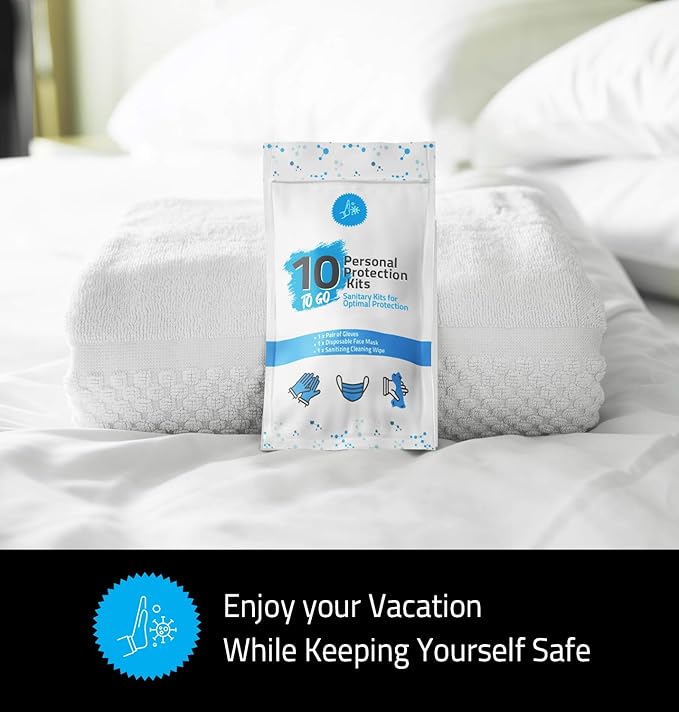 All-in-One Personal Protection Kits to GO - 10 Pack - With Plastic Gloves, Hand Cleansing Wipes, Disposable Face Mask-Velvo Beauty
